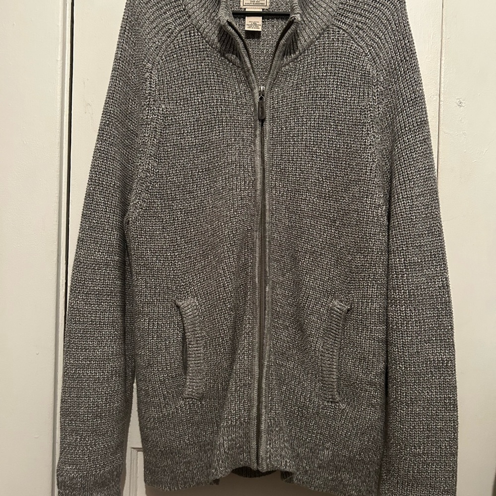 Vintage L.L. Bean Gray Cotton Full Zip Mock Neck Knit Sweater Men's Size Large